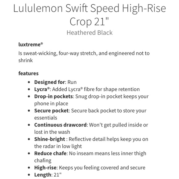 LULULEMON Swift Speed High Rise Crop 21" Heathered Black Leggings Size 2 - Picture 16 of 16